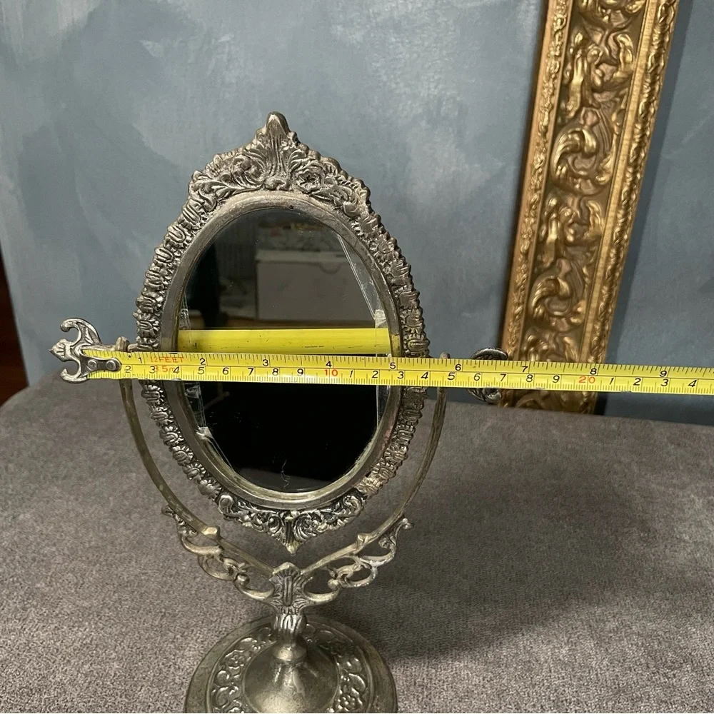 Vintage Ornate European Style Brass Toned Metal Vanity Mirror